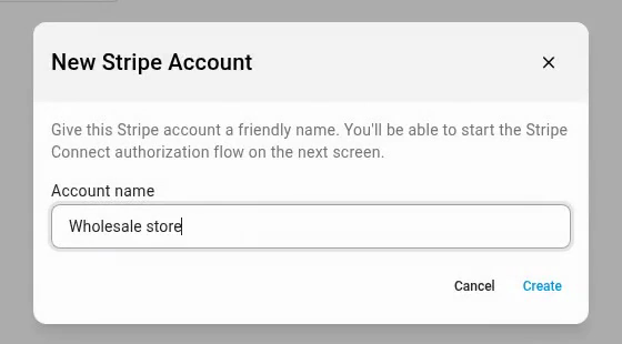 The New Stripe Account dialog with its Account name field