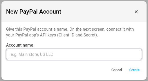 The New PayPal Account dialog with its Account name field