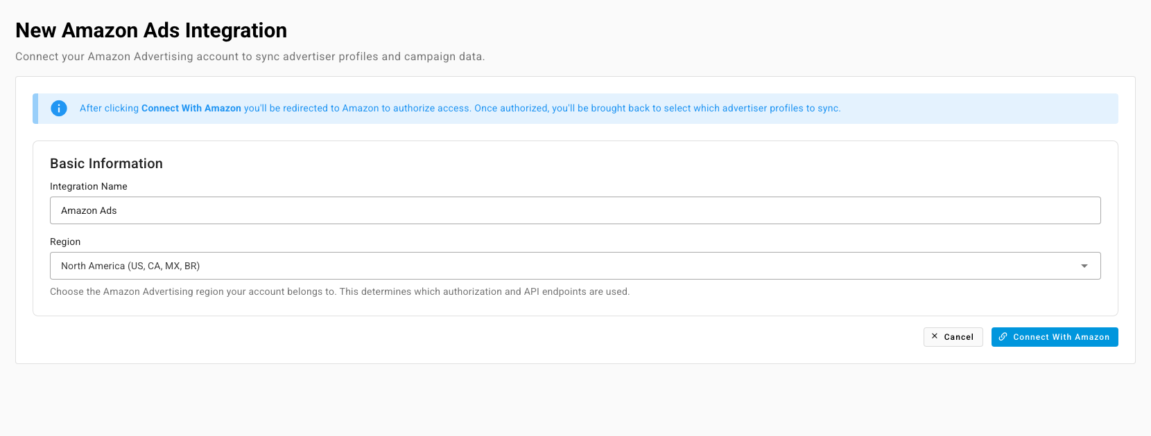 The New Amazon Ads Integration form
