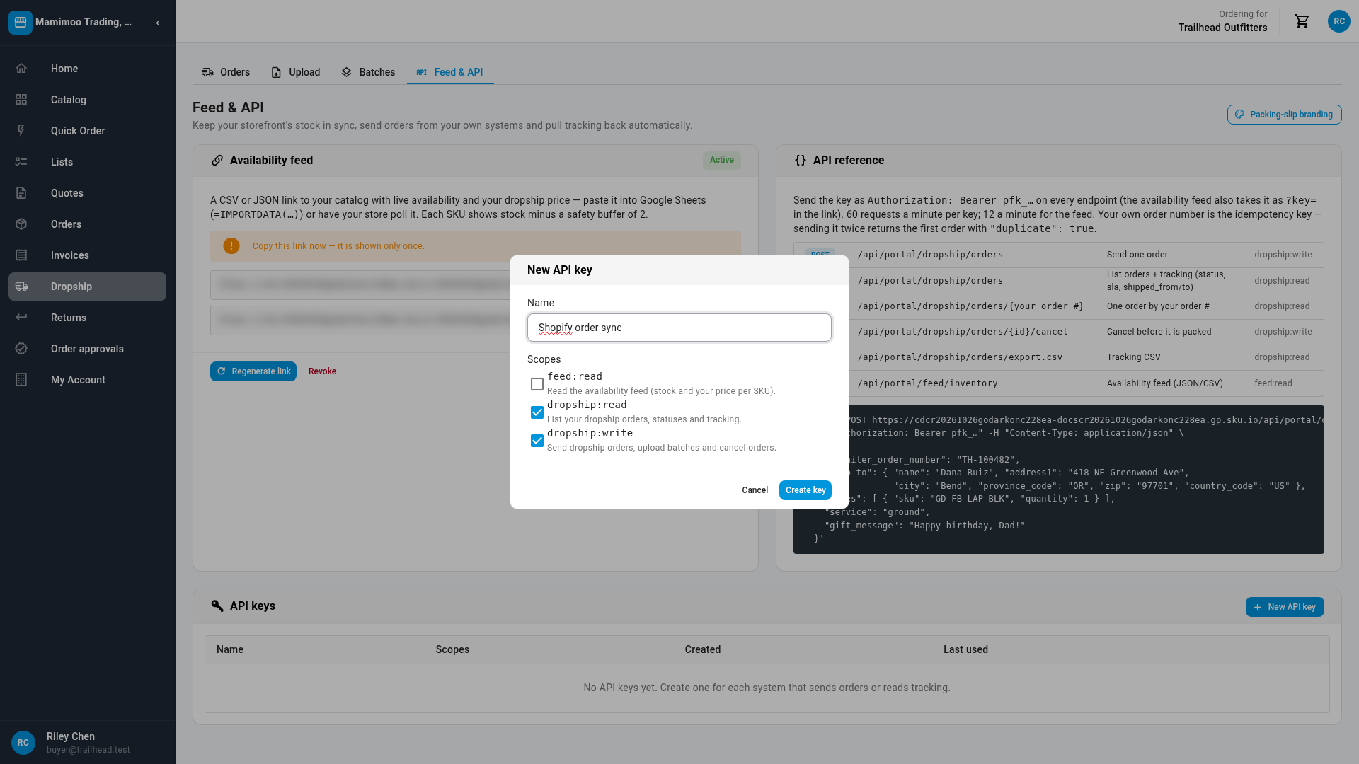 The New API key dialog