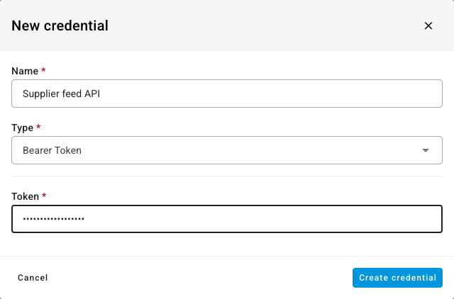 A Bearer Token credential named Supplier feed API with its token entered