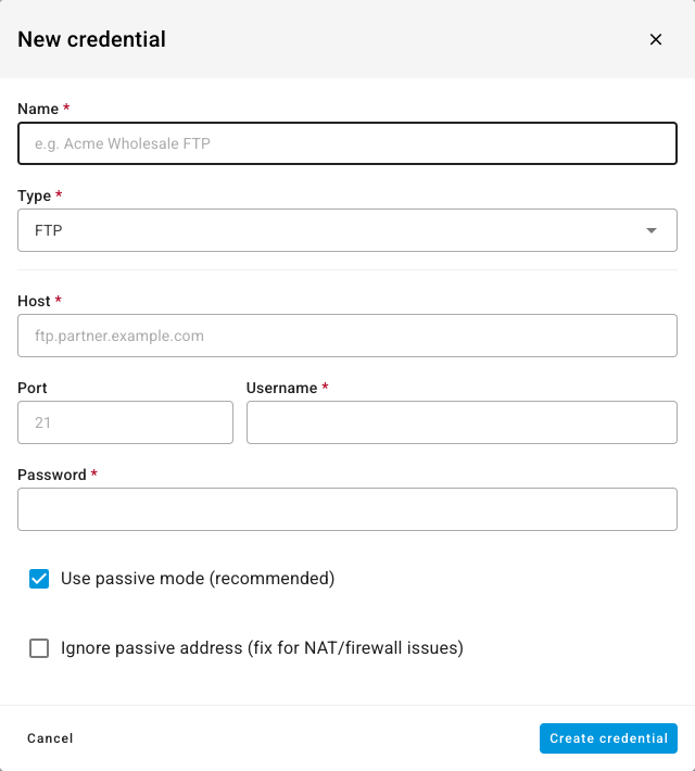 The New credential dialog with Name, Type set to FTP, and the FTP fields