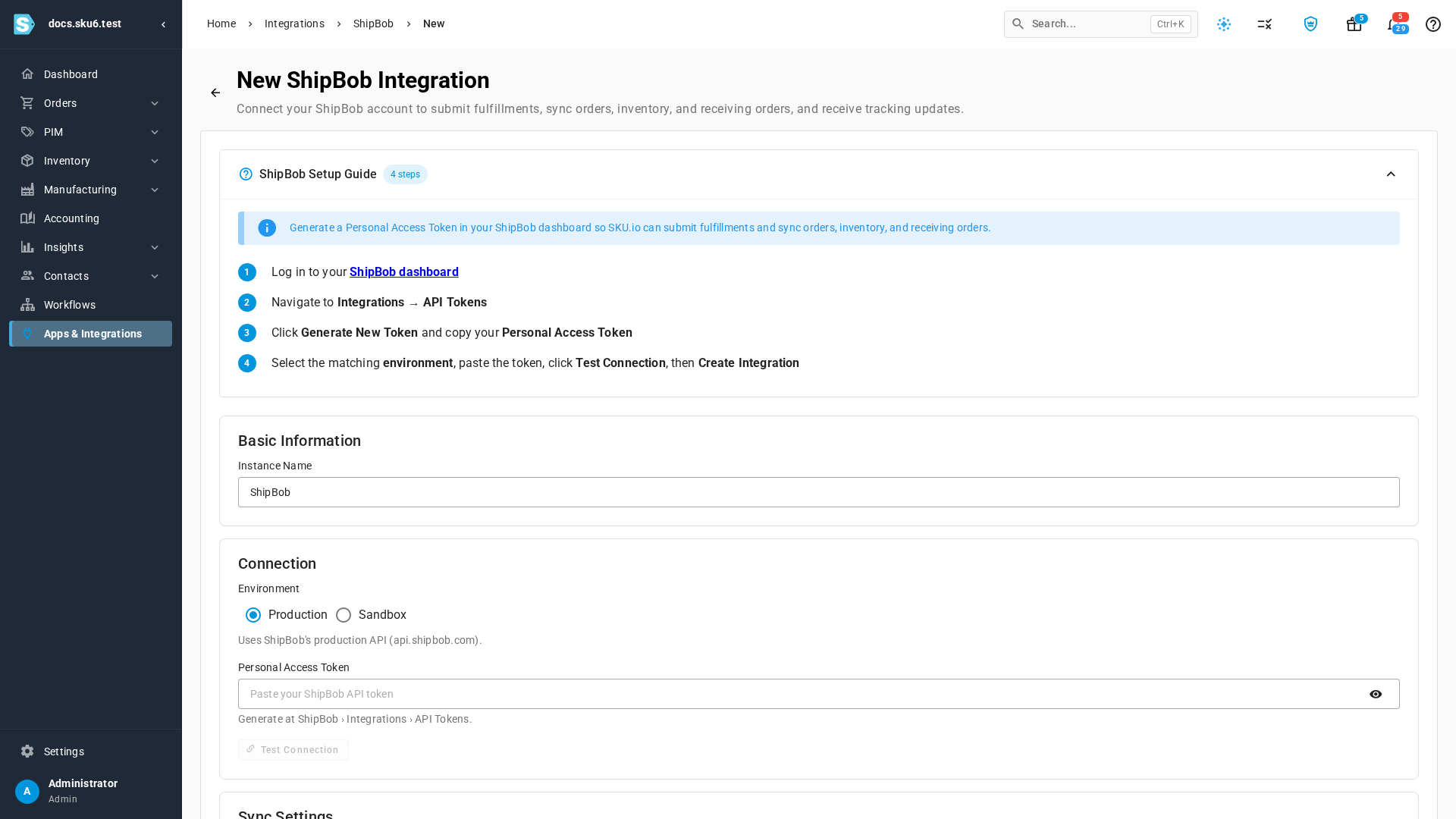 The New ShipBob Integration page with the ShipBob Setup Guide, Basic Information, and Connection cards