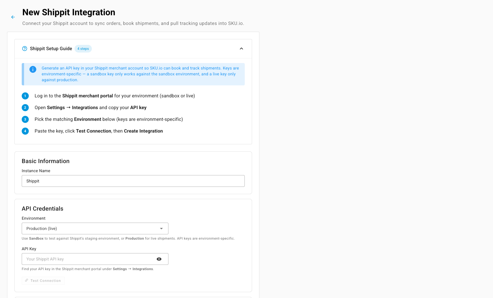 The New Shippit Integration page with Instance Name, Environment, API Key, and the Test Connection button