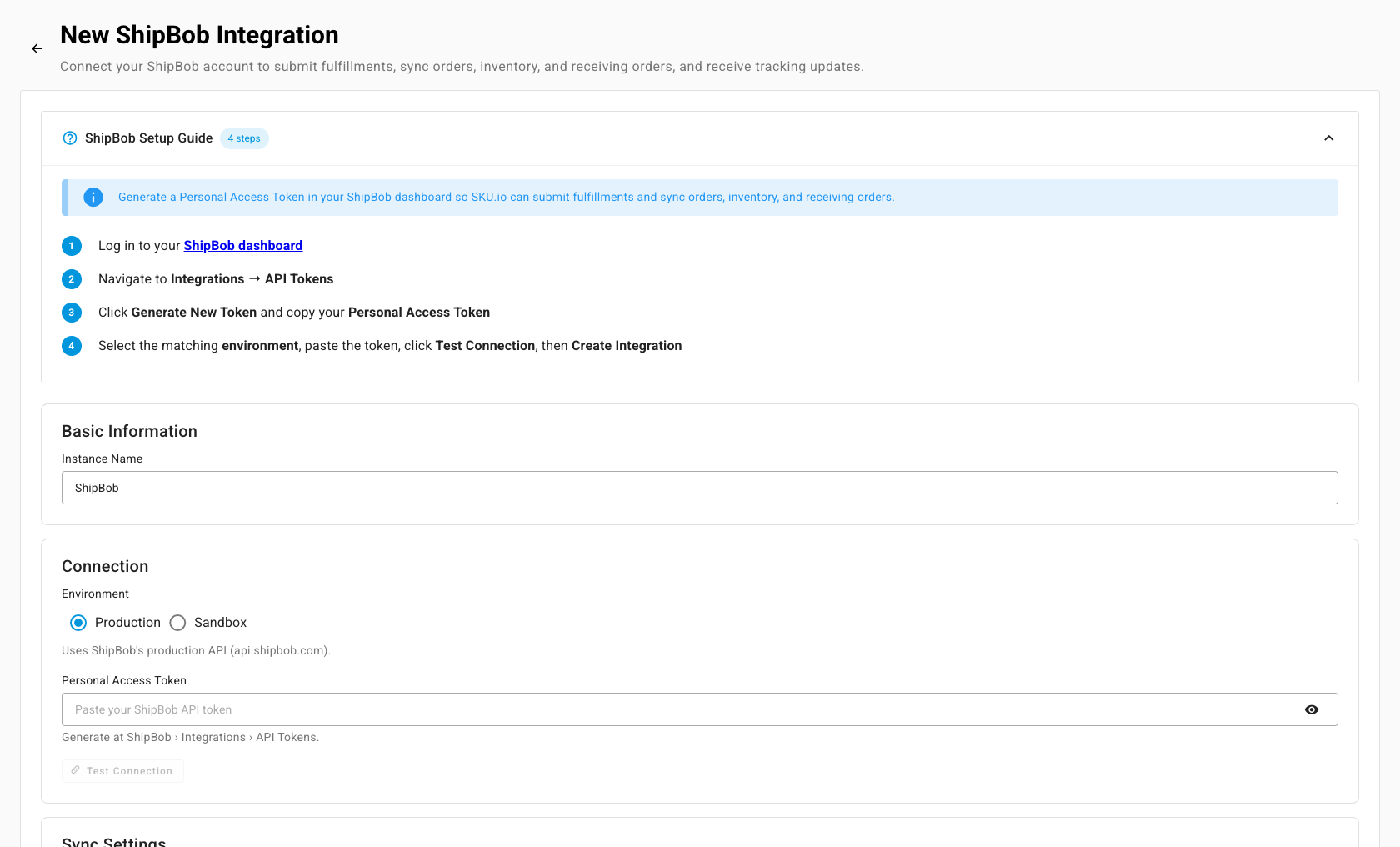 The New ShipBob Integration page with the setup guide, Basic Information, Connection, and Sync Settings cards