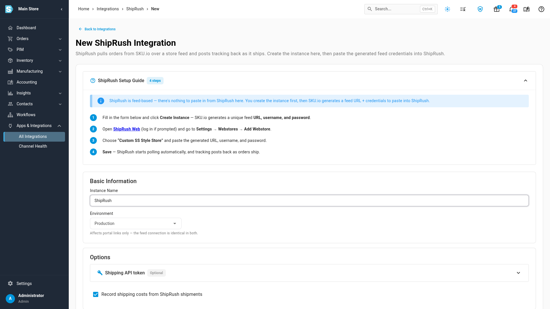 The New ShipRush Integration page with the setup guide, Basic Information and Options
