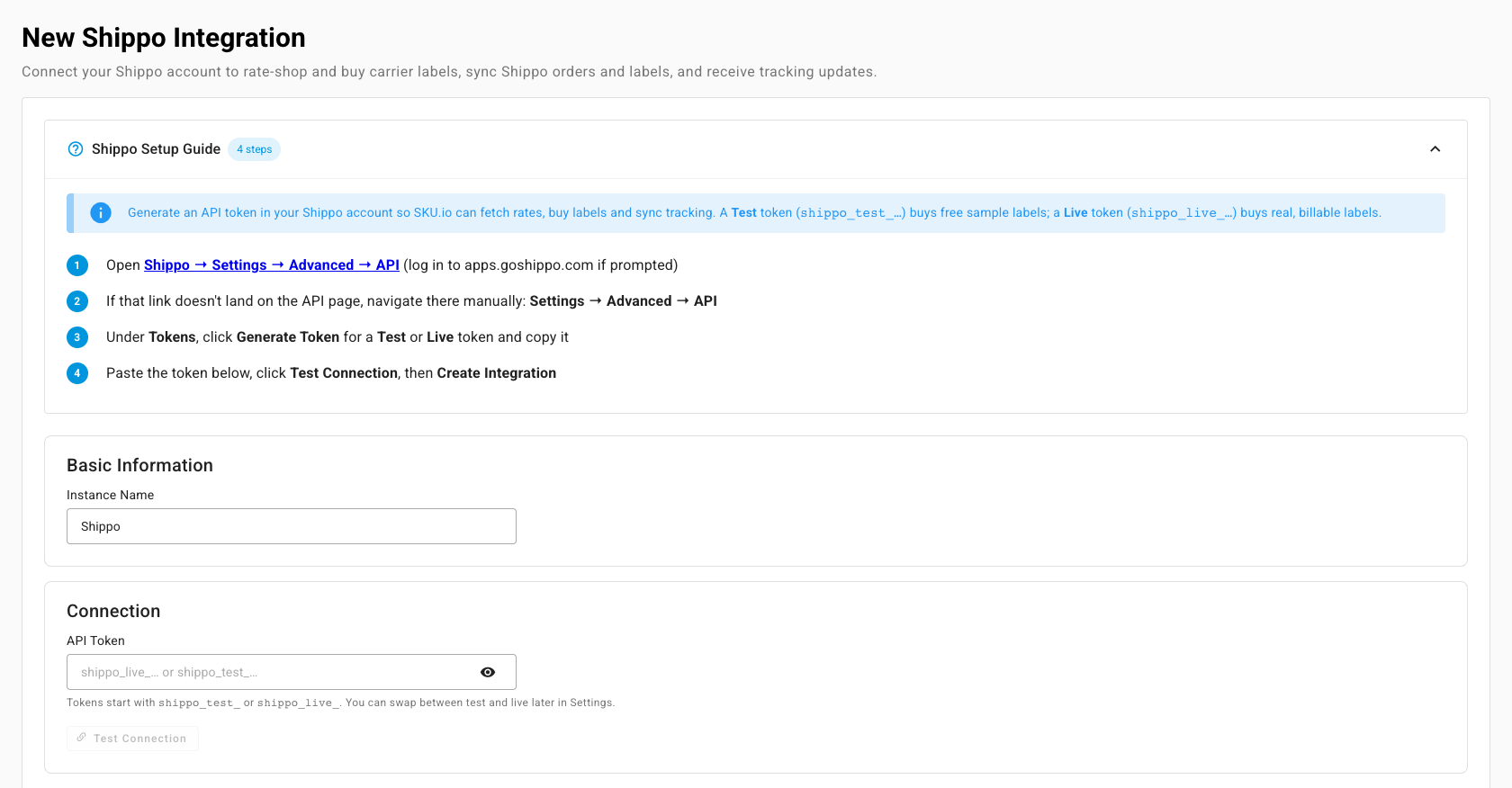 The New Shippo Integration page with the Shippo Setup Guide, Instance Name, API Token, Test Connection, and Sync Start Date