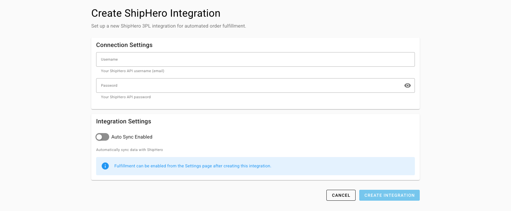 The Create ShipHero Integration page with Username and Password fields and the Auto Sync Enabled switch