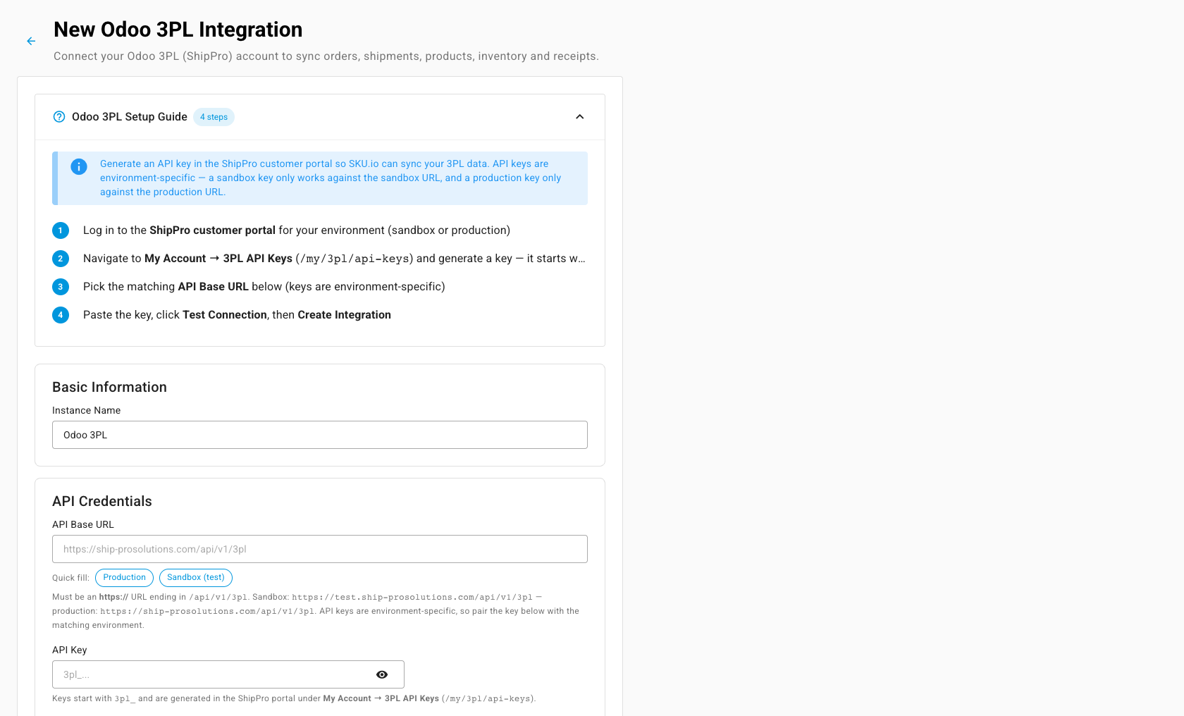 The New Odoo 3PL Integration page with Instance Name, API Base URL with Production and Sandbox chips, API Key, and Test Connection