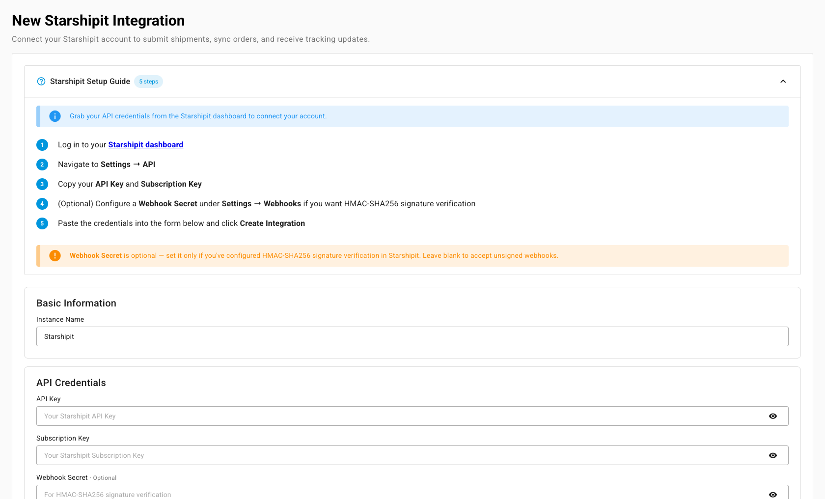 The New Starshipit Integration page with Instance Name, API Key, Subscription Key, and Webhook Secret fields