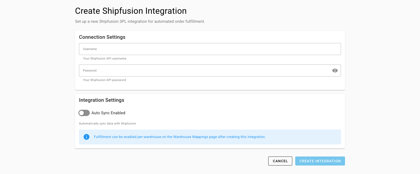 The Create Shipfusion Integration page with Username, Password, and the Auto Sync Enabled switch