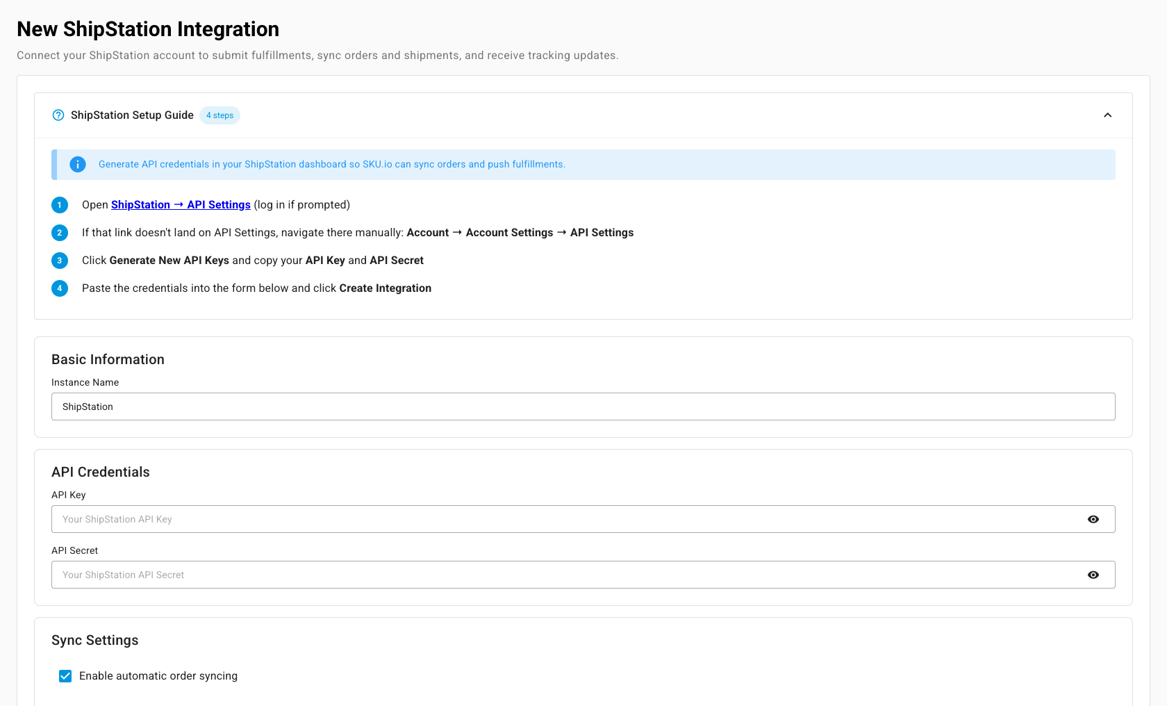 The New ShipStation Integration page with the setup guide, Basic Information, API Credentials, and Sync Settings cards