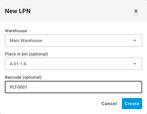 The New LPN dialog with Main Warehouse, bin A-01-1-A and barcode PLT-0001