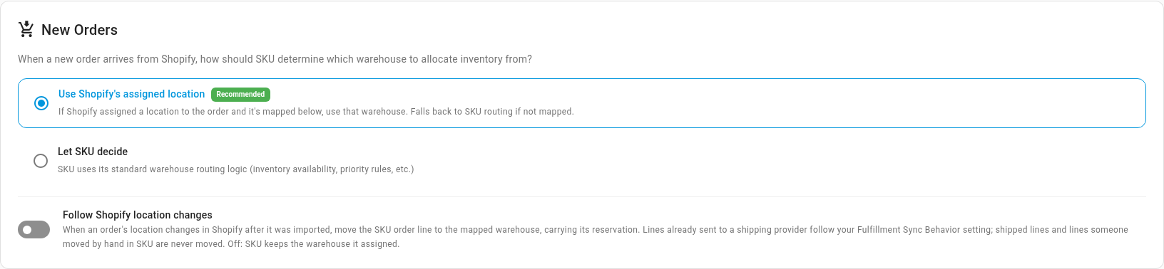 The New Orders card, with Use Shopify's assigned location selected