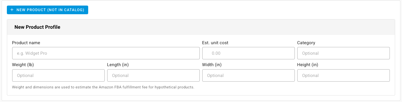 The New Product Profile form for a product not in the catalog, with product name, estimated unit cost, category, weight, and length, width and height fields