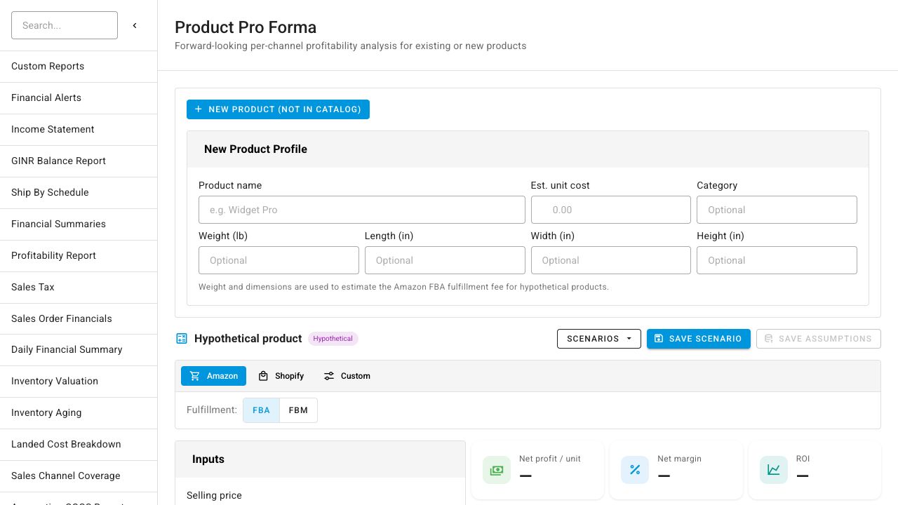 New product mode — model a hypothetical product's economics before sourcing it