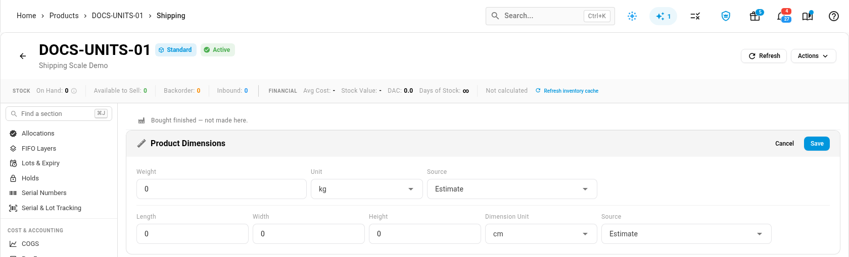 A new product's Product Dimensions card in edit mode, with kg and cm already selected