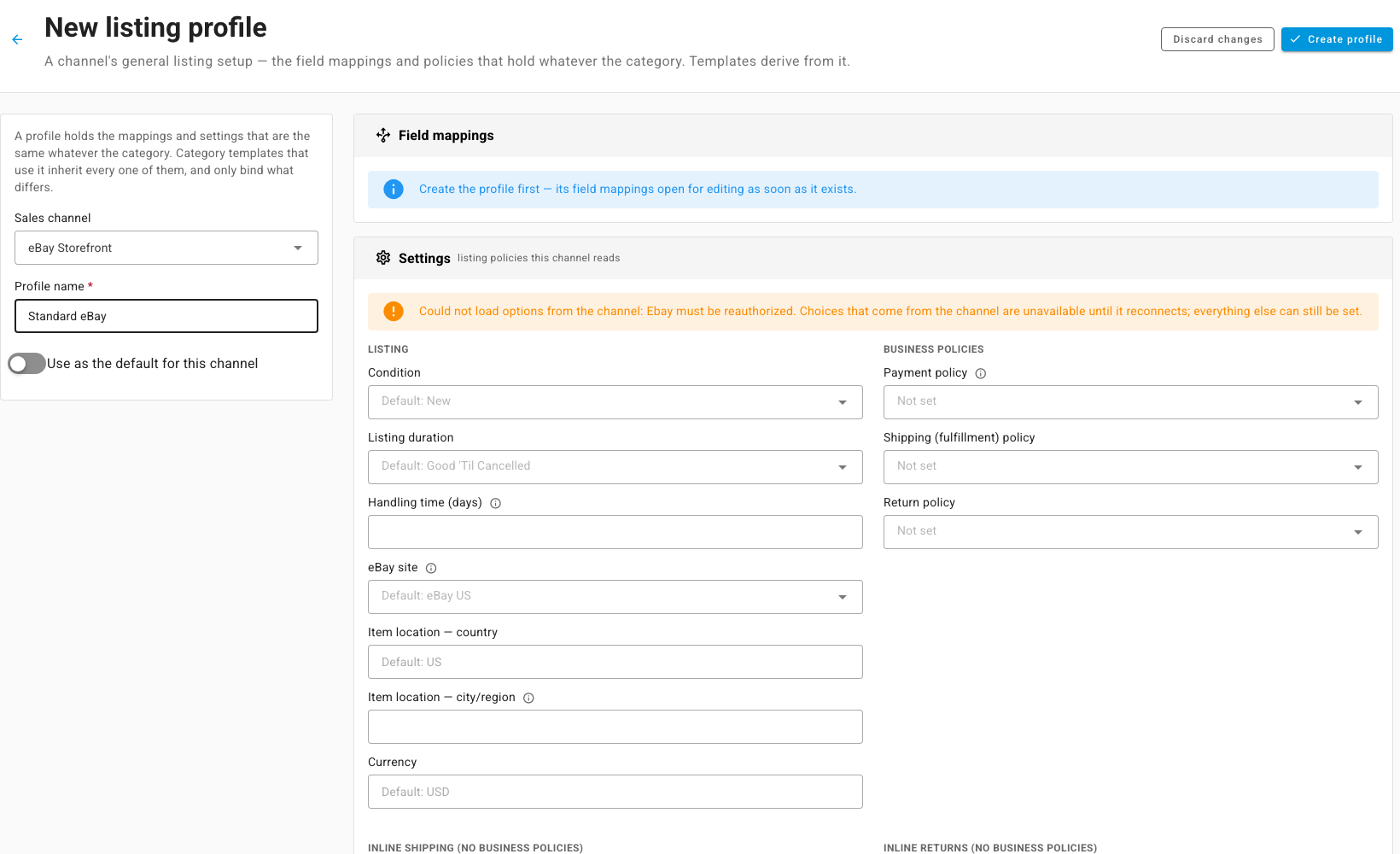 A new eBay listing profile: sales channel, profile name, the default switch, and the eBay listing and business-policy settings