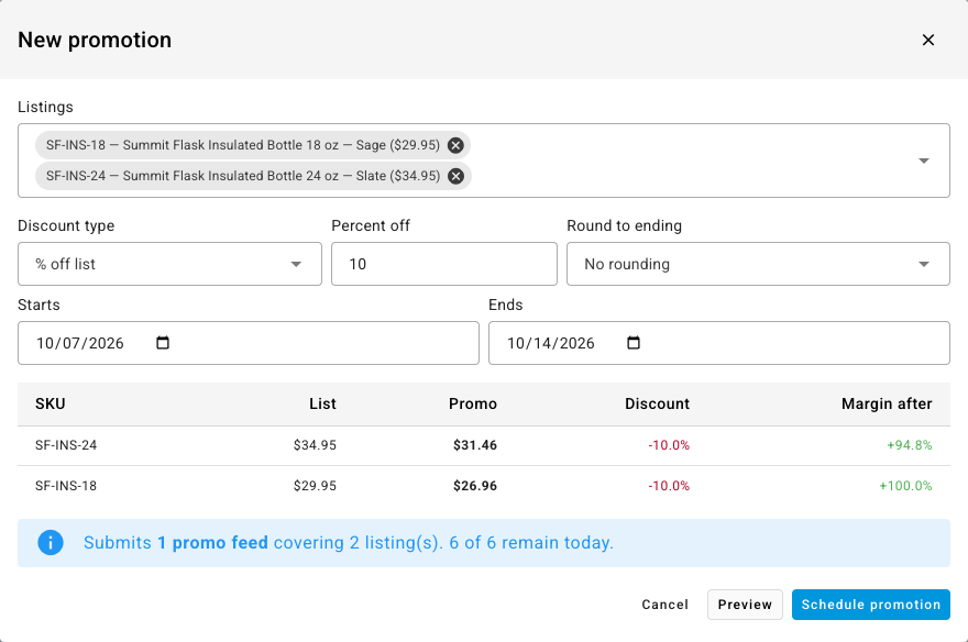The New promotion window after Preview, with the promo price and margin for two listings and the feed it will use
