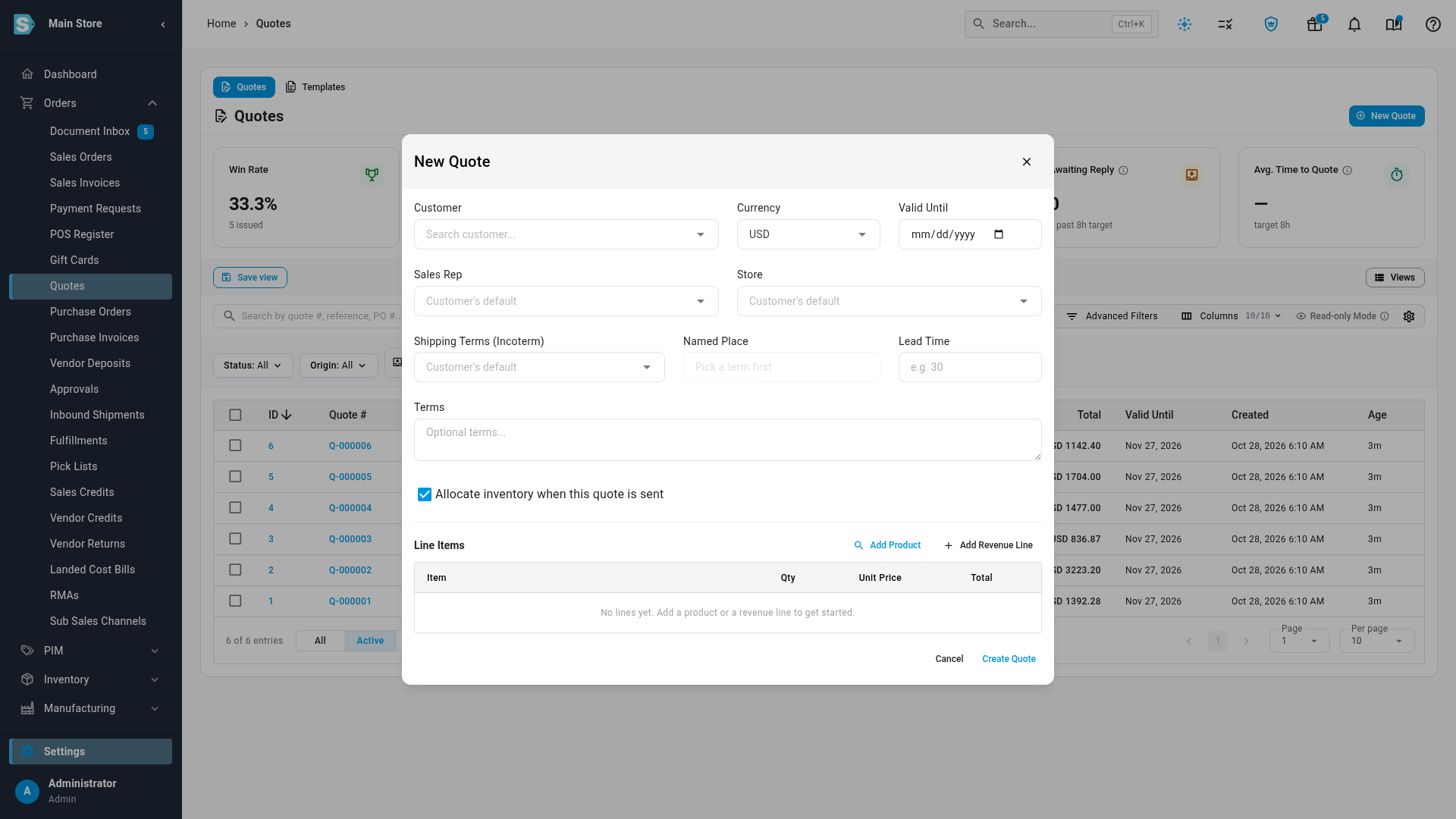 The New Quote dialog with Allocate inventory when this quote is sent already ticked