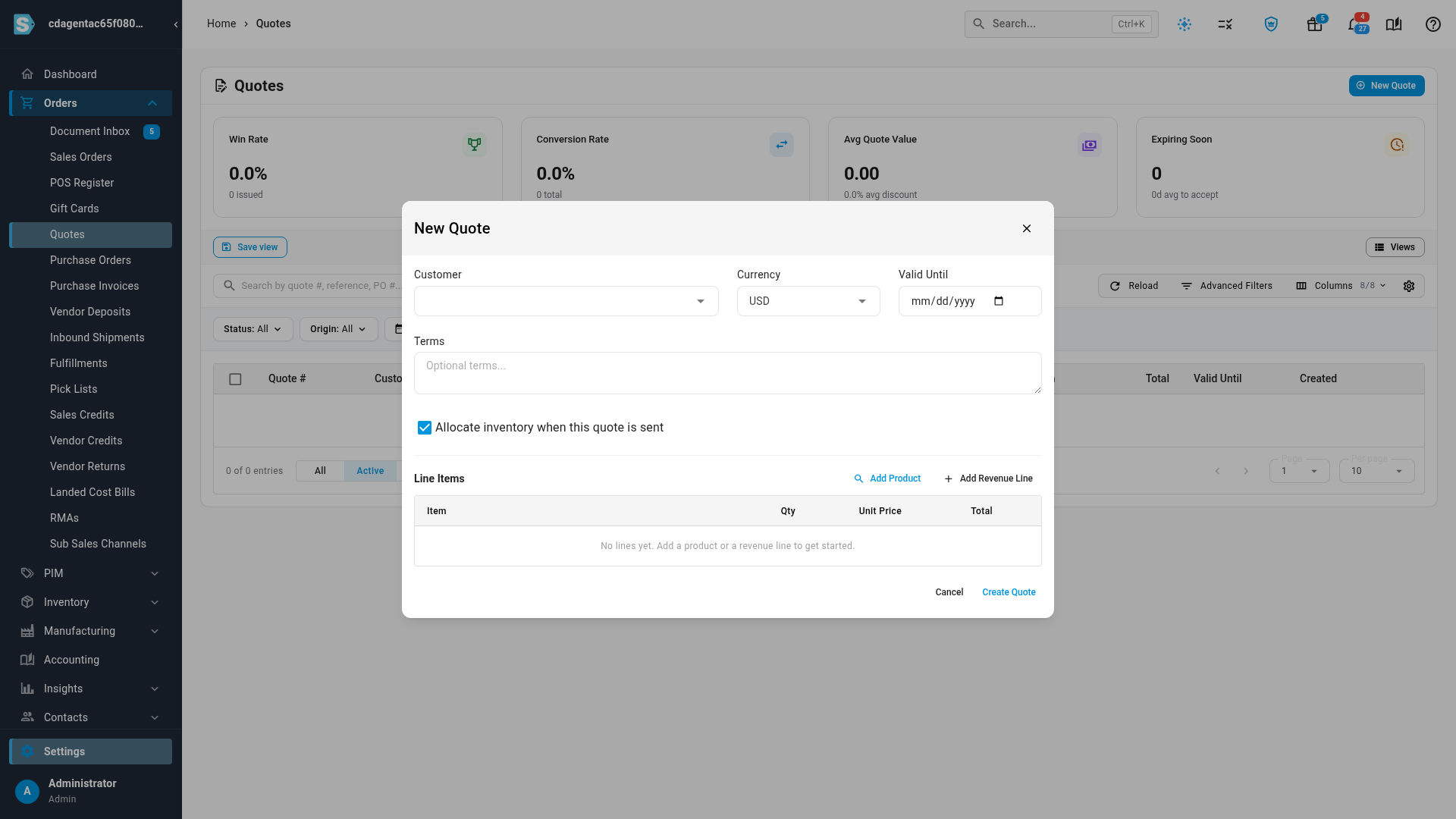 The New Quote dialog with Allocate inventory when this quote is sent already ticked