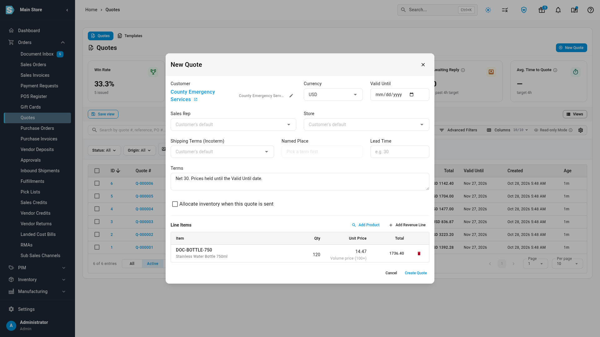 The New Quote dialog with a customer picked, terms typed and a product line set to 120, priced at the customer's volume price