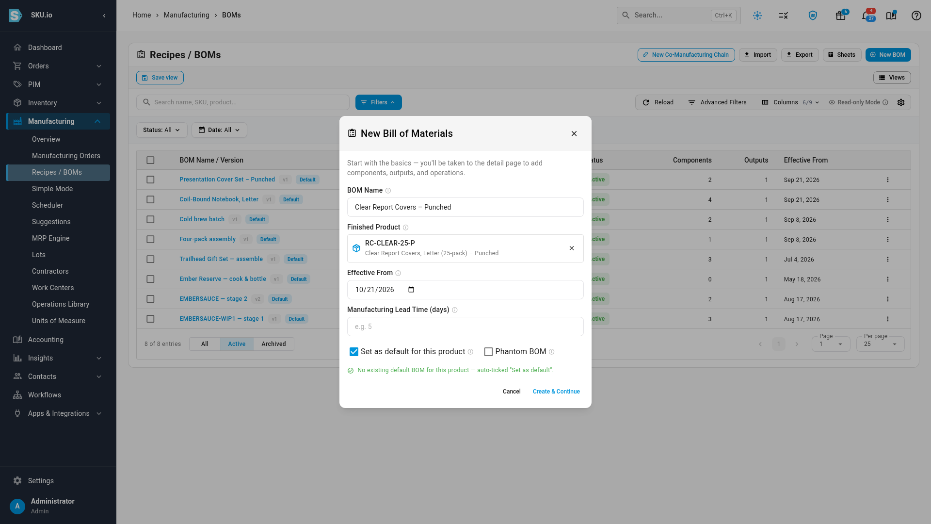 The New Bill of Materials dialog with the punched product picked