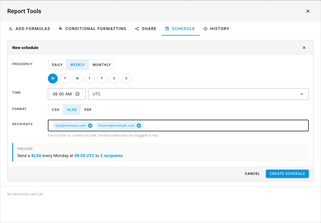 A new weekly schedule set to Monday, 8:00 AM UTC, XLSX, with two recipients and the preview line