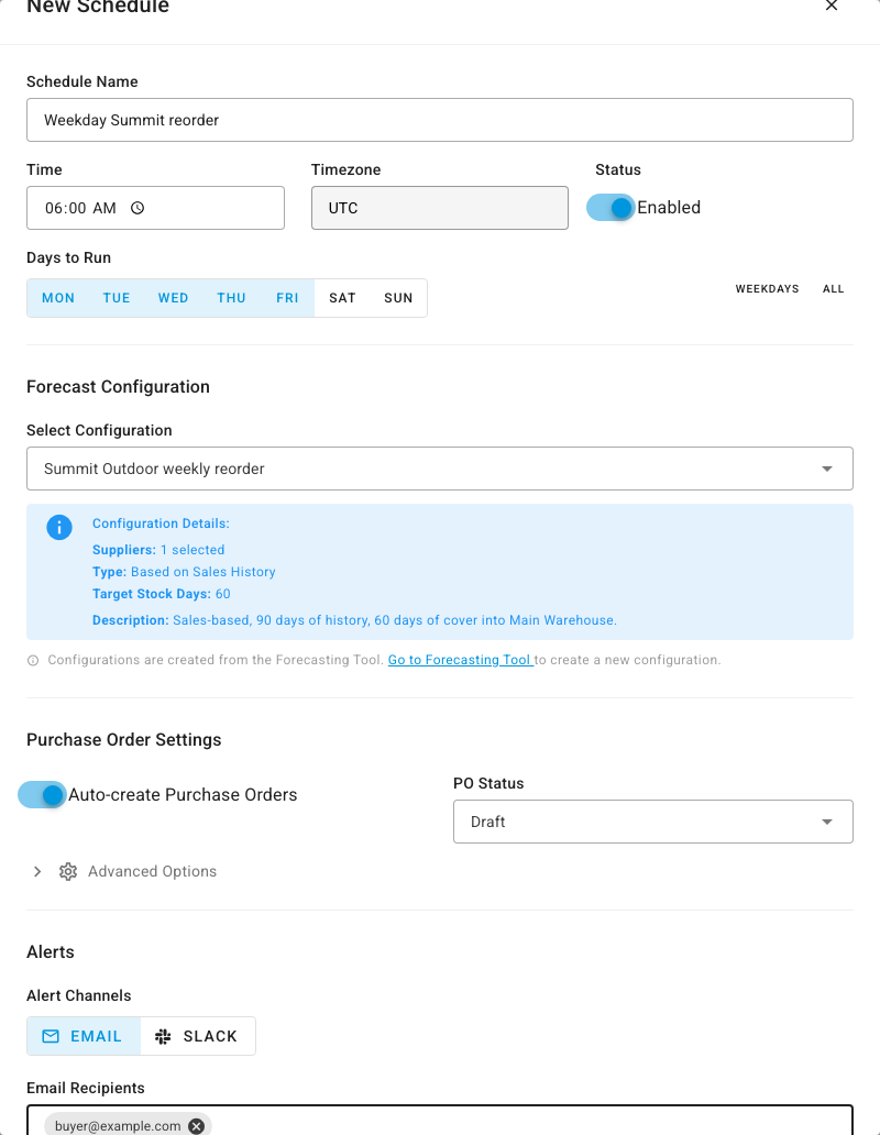 The New Schedule form: a name, a 6:00 AM run time on weekdays, the Summit Outdoor weekly reorder configuration with its details, auto-create purchase orders on with Draft status, and email alerts to a buyer