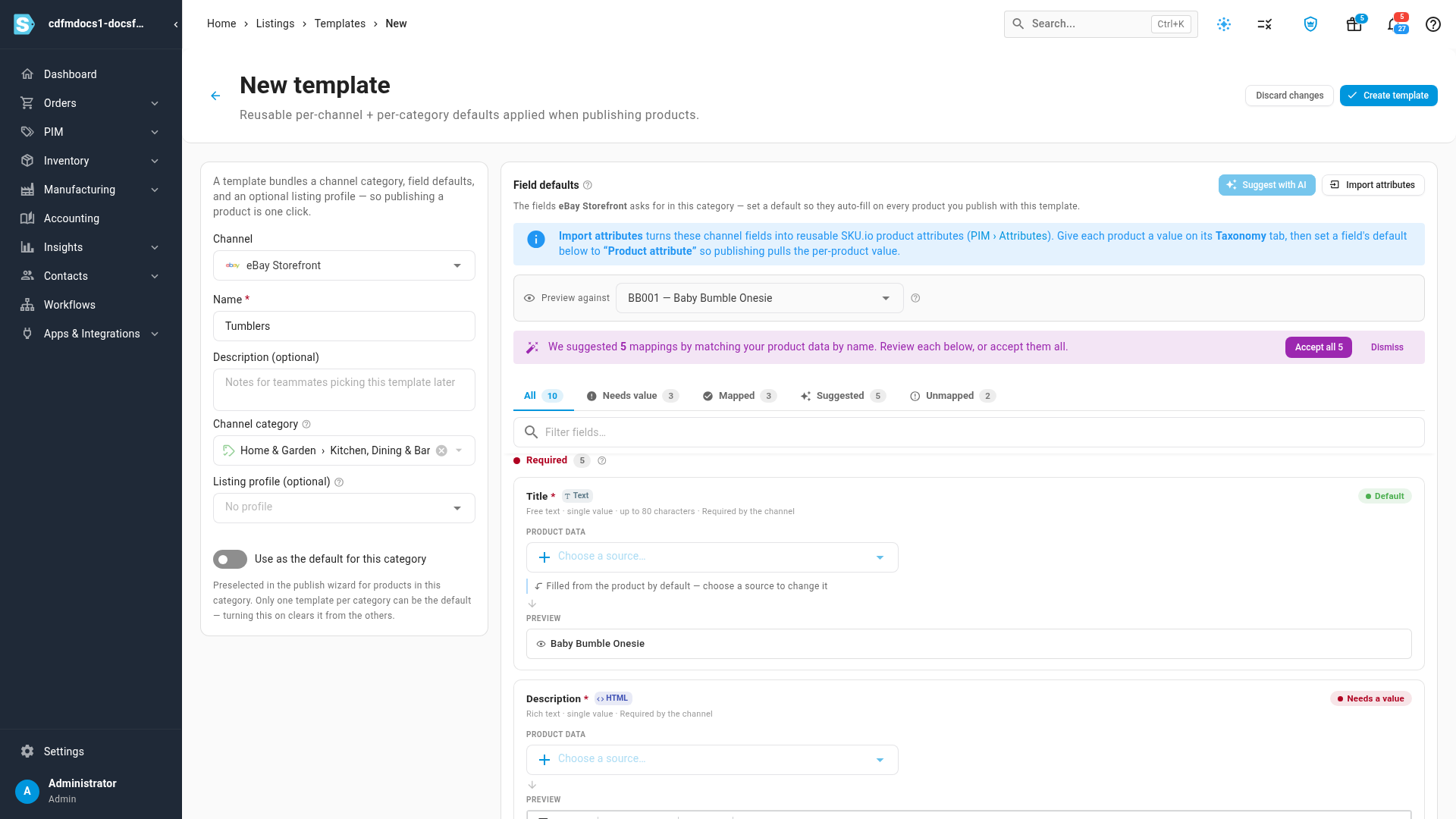 A new eBay template for the Tumblers category, with the channel's fields listed under Field defaults