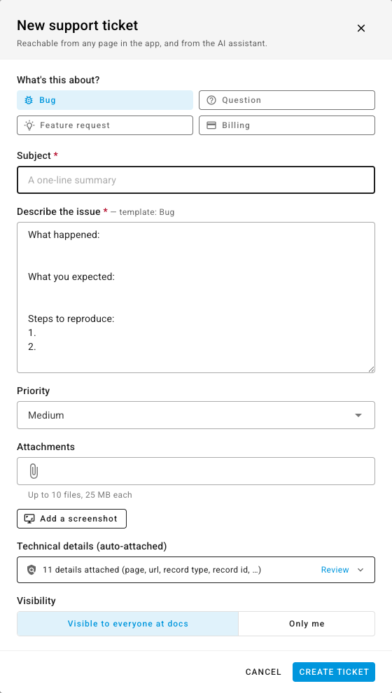 The New support ticket panel with Bug selected and a description template ready to fill in