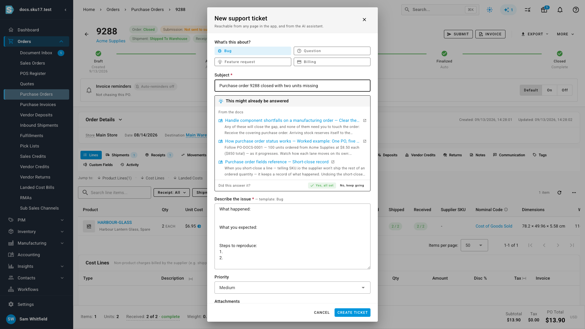 Suggested help articles and an existing ticket appear under the subject as you type