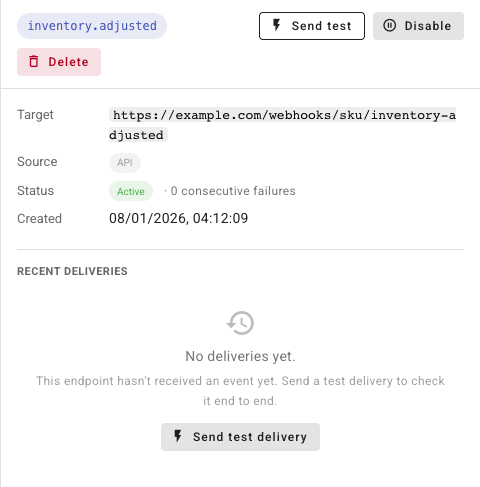 The subscription drawer showing No deliveries yet and a Send test delivery button