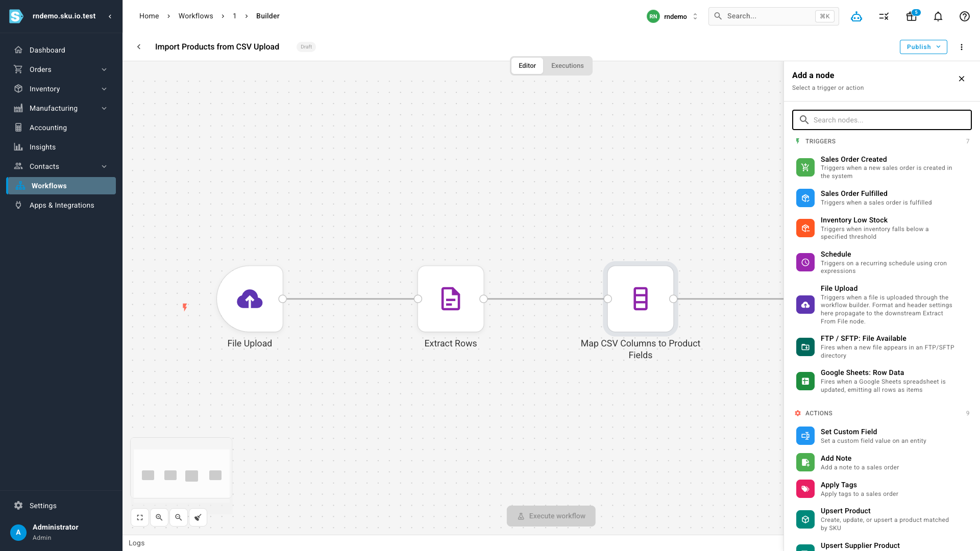 The Add a node panel listing business triggers like Sales Order Created and Inventory Low Stock alongside actions like Upsert Product