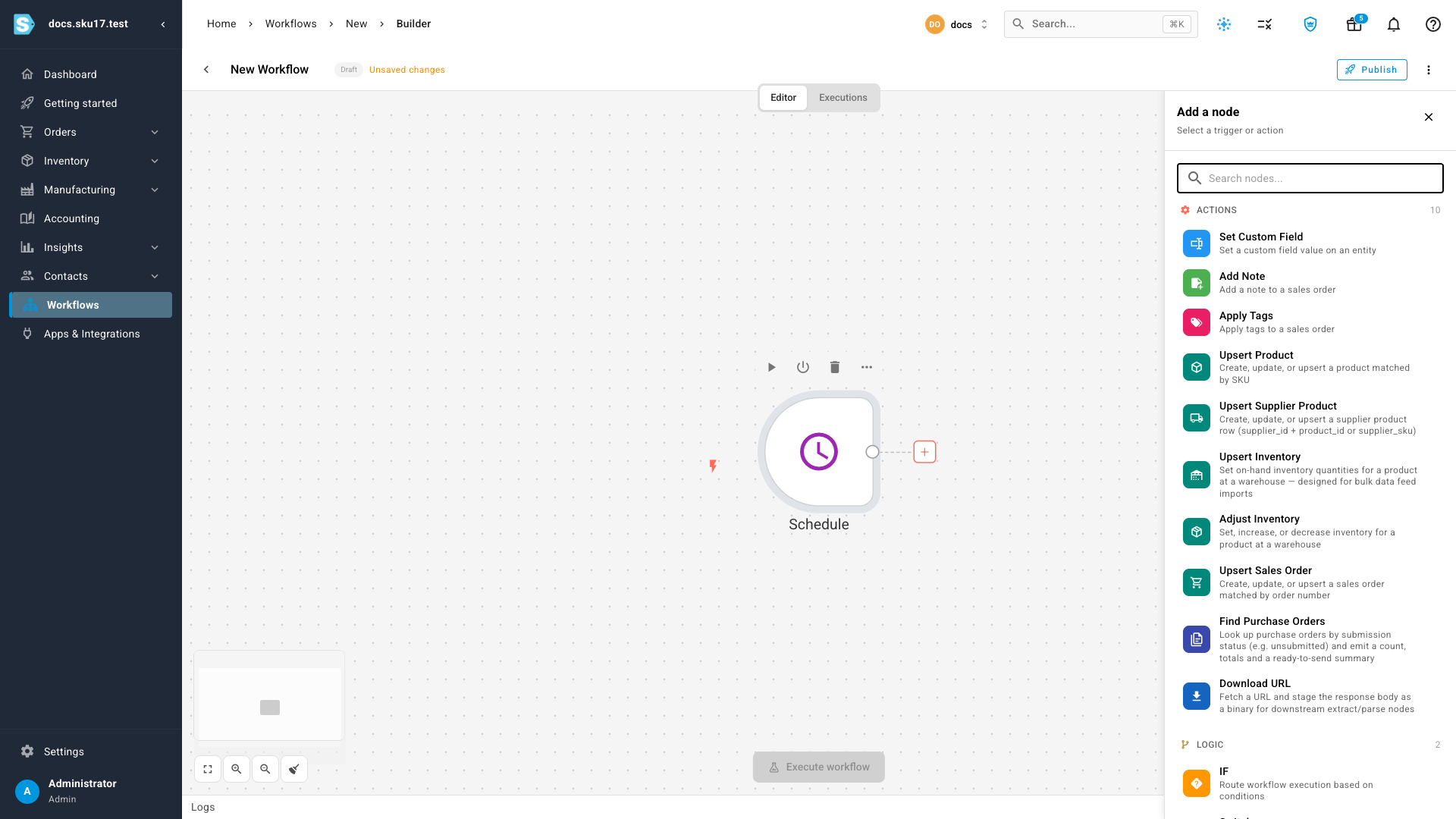 The node palette open, grouped by category, for adding the next node