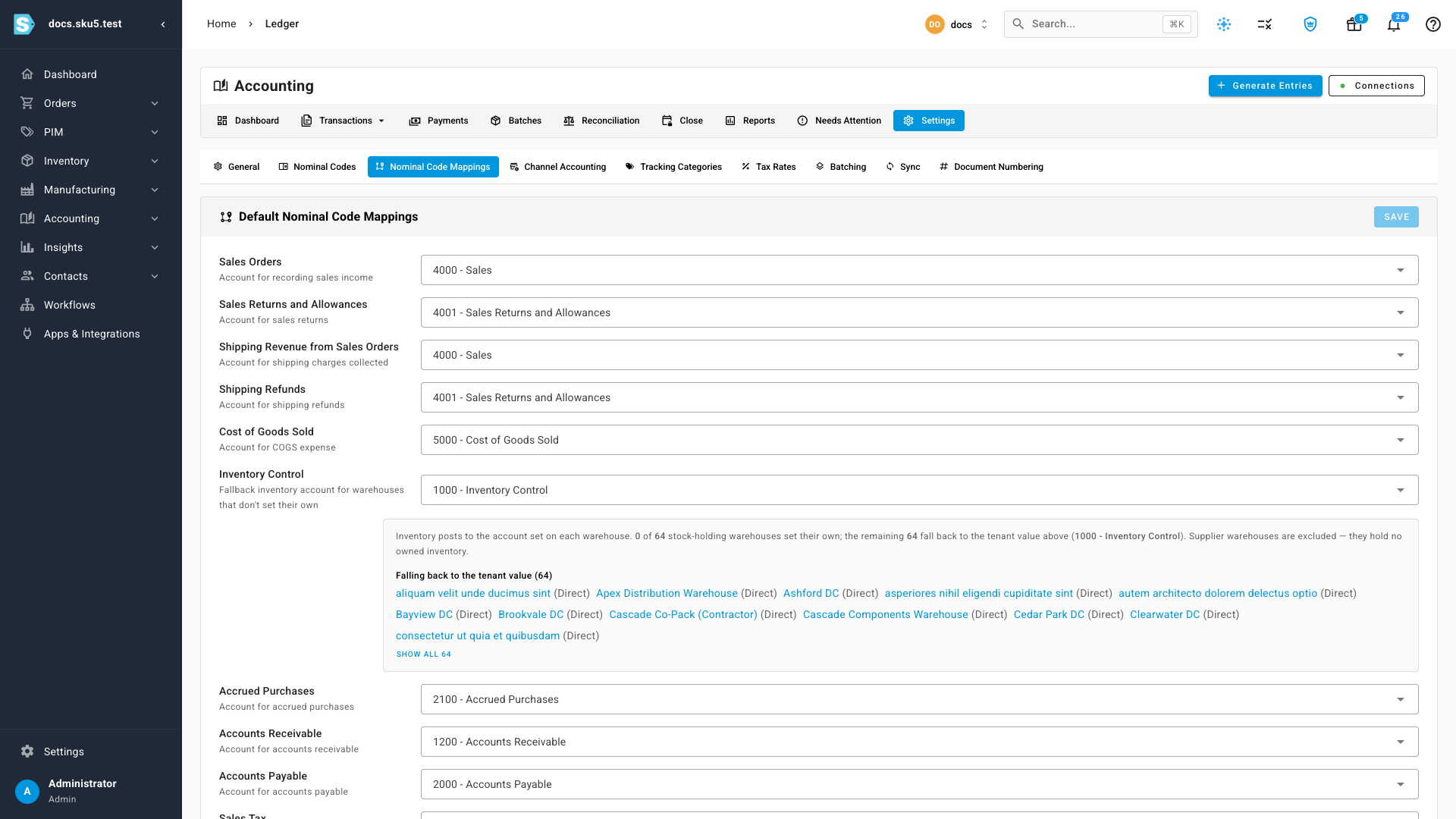 The Default Nominal Code Mappings page with the Cost of Goods Sold row