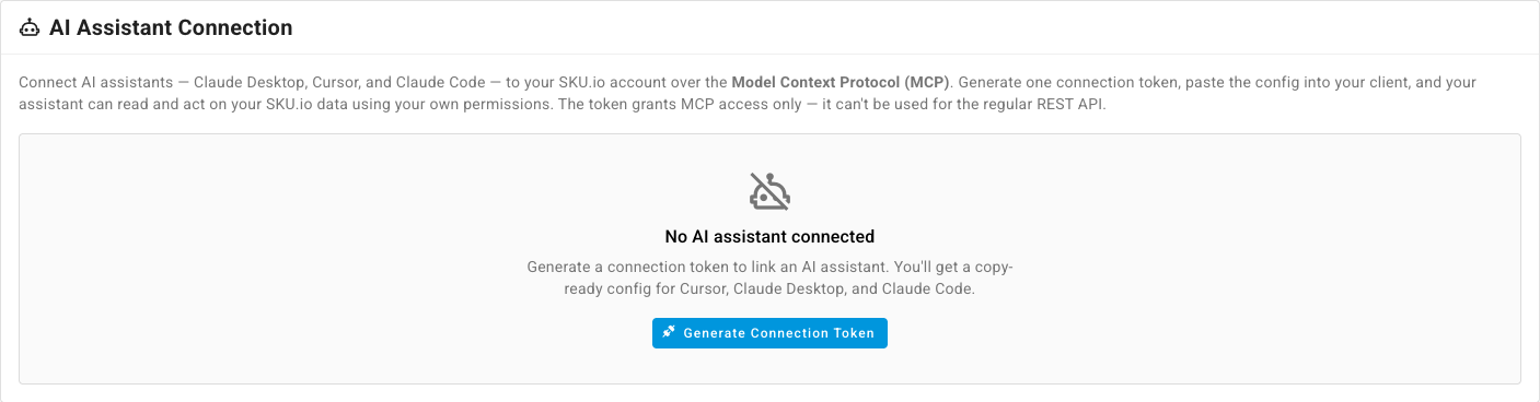The AI Assistant Connection page with no assistant connected and a Generate Connection Token button