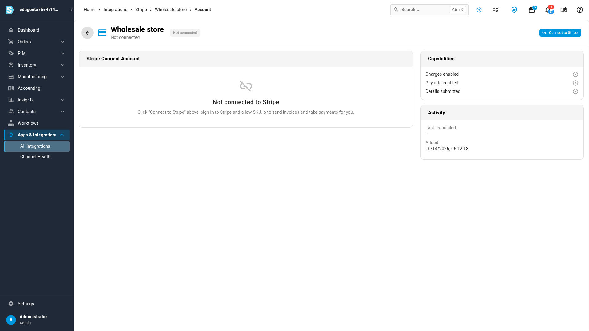 A new Stripe account, not connected yet, with the Connect to Stripe button at the top right