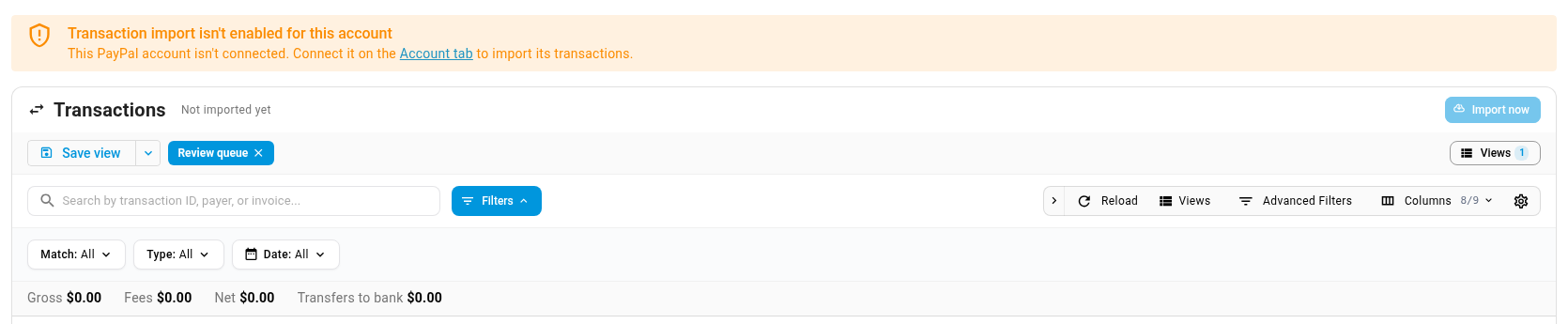 The Transactions tab of a PayPal account without Transaction search, with the banner Transaction import isn't enabled for this account and Import now greyed out