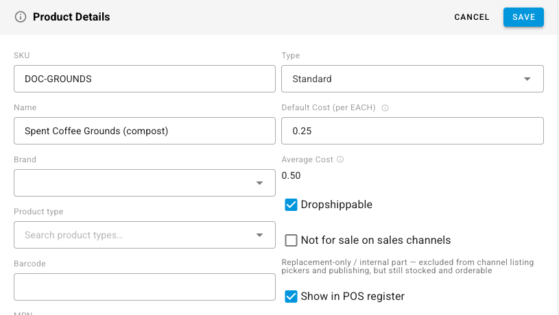 The Product Details card in edit mode, with the Not for sale on sales channels checkbox and its hint