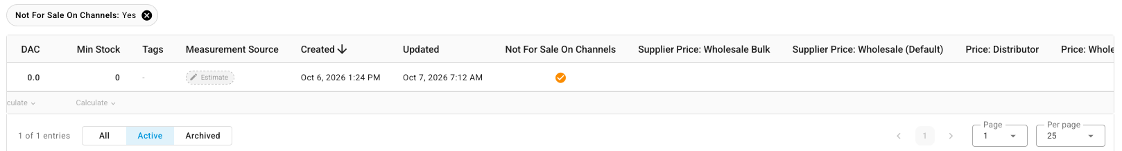 The products list filtered to Not For Sale On Channels: Yes, with the column shown