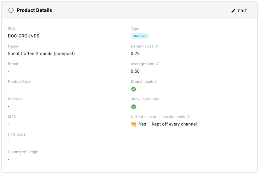 The Product Details card showing Not for sale on sales channels: Yes — kept off every channel
