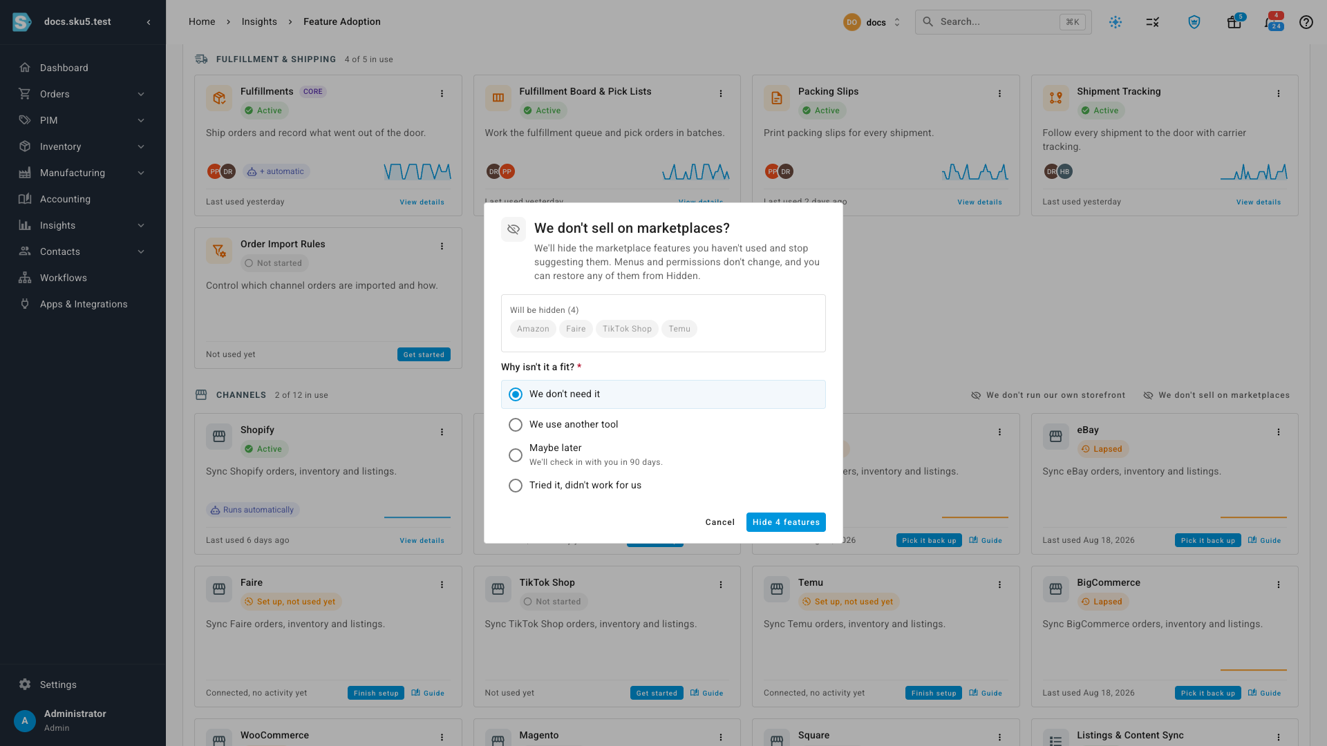 The "We don't sell on marketplaces?" dialog listing Amazon, Faire, TikTok Shop and Temu under Will be hidden, with the reasons and a Hide 4 features button
