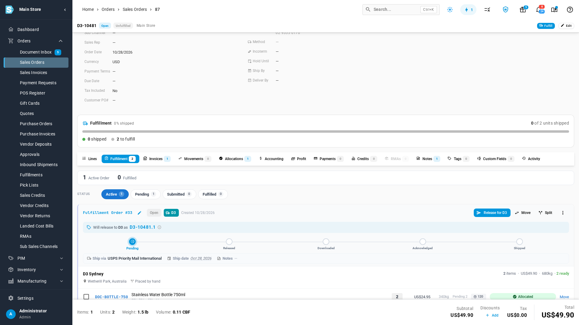 A D3 fulfillment order that hasn't been released, with its Release for D3 button