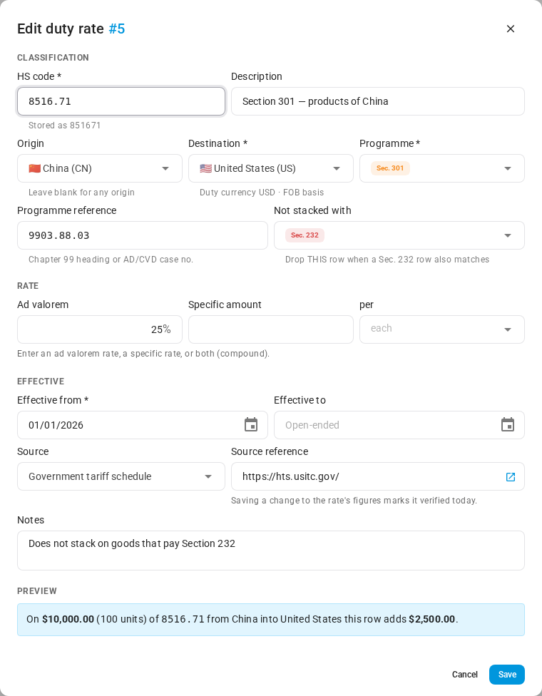 The Section 301 rate is set not to stack with Section 232