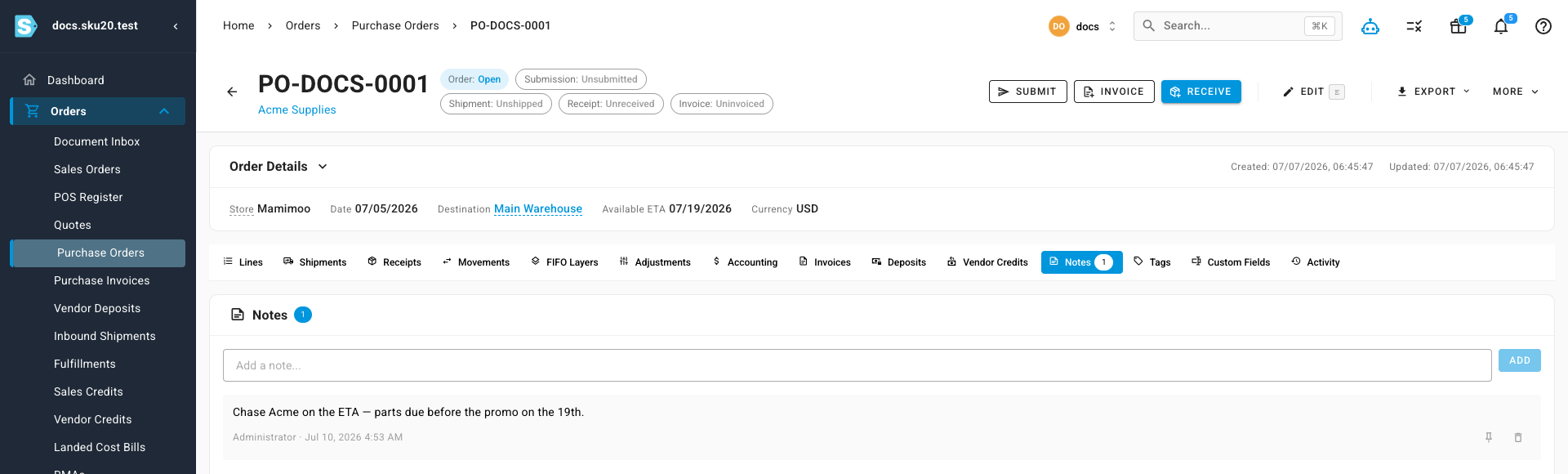 A purchase order's Notes tab, alongside the Tags, Custom Fields, and Activity tabs, with a note added to the order