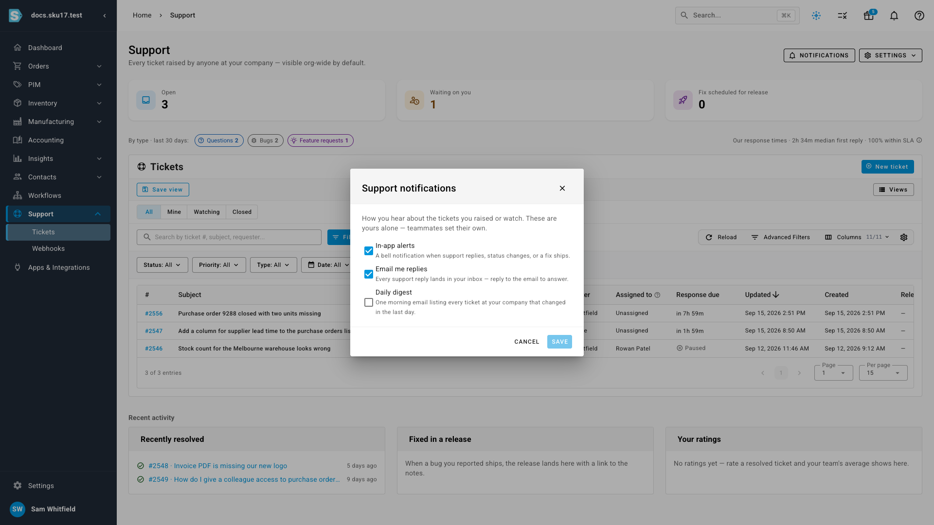 The support notification settings with in-app alerts, email replies, and daily digest