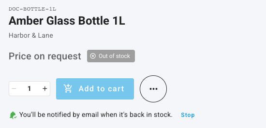 The product page showing You'll be notified by email when it's back in stock, with a Stop link