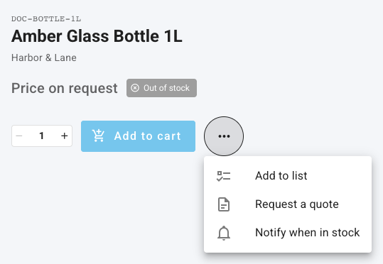 The product page for Amber Glass Bottle 1L, marked Out of stock, with the menu open on Add to list, Request a quote and Notify when in stock