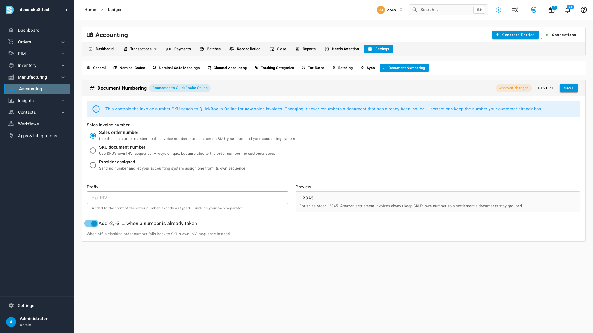 The Document Numbering panel with Sales order number selected and the Preview panel showing 12345